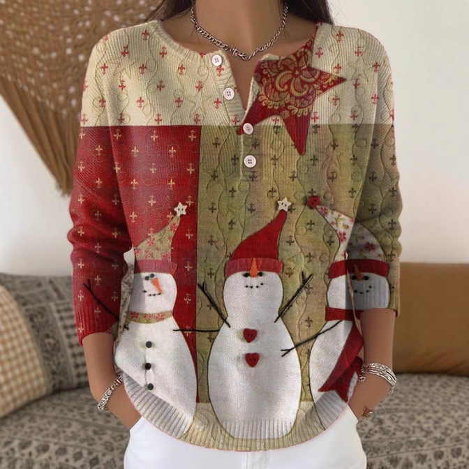 Women's Christmas Tree Snowman Scarf Print Button Sweatshirt
