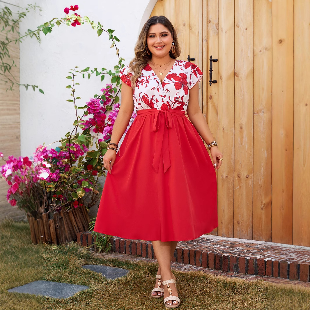 Floral Print Spliced Red Short-Sleeve Dress