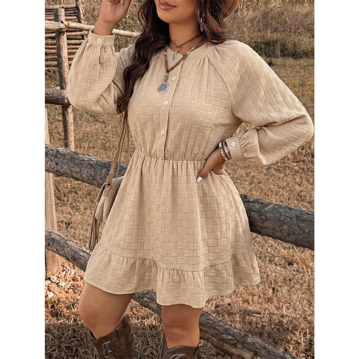 Women's Khaki Long Sleeve Elastic Waist Slimming Vacation Dress
