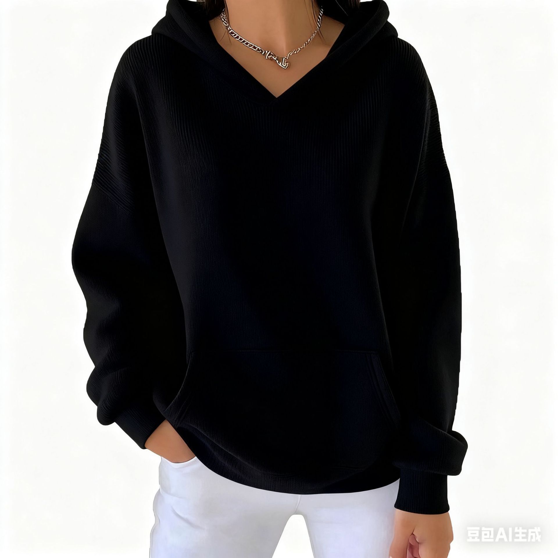 Women's Minimalist Solid Color Chunky Rib Knit Print Hoodie