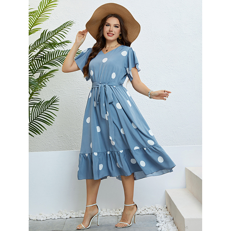 V-Neck Tie-Waist Pleated Midi Dress with Polka Dots