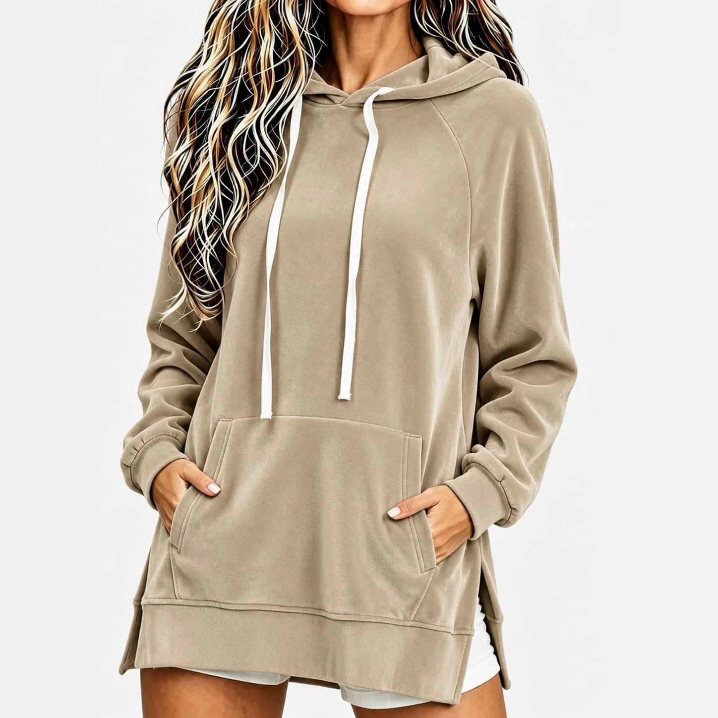 Women's Velvet Hooded Loose Mid-Length Pocket Sweatshirt