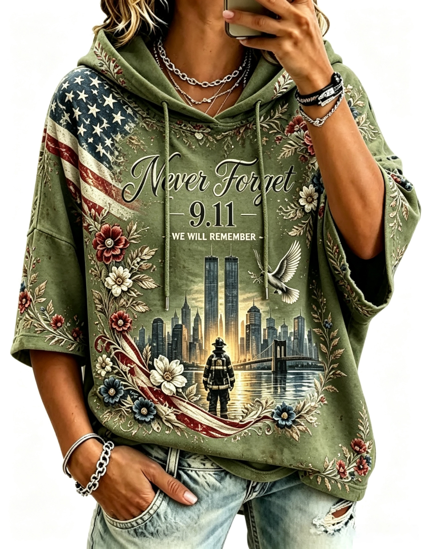 Women's Casual Hoodie with American Twin Towers Print