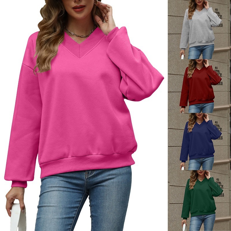 Women's V-Neck Fleece-Lined Loose Pullover Sweatshirt