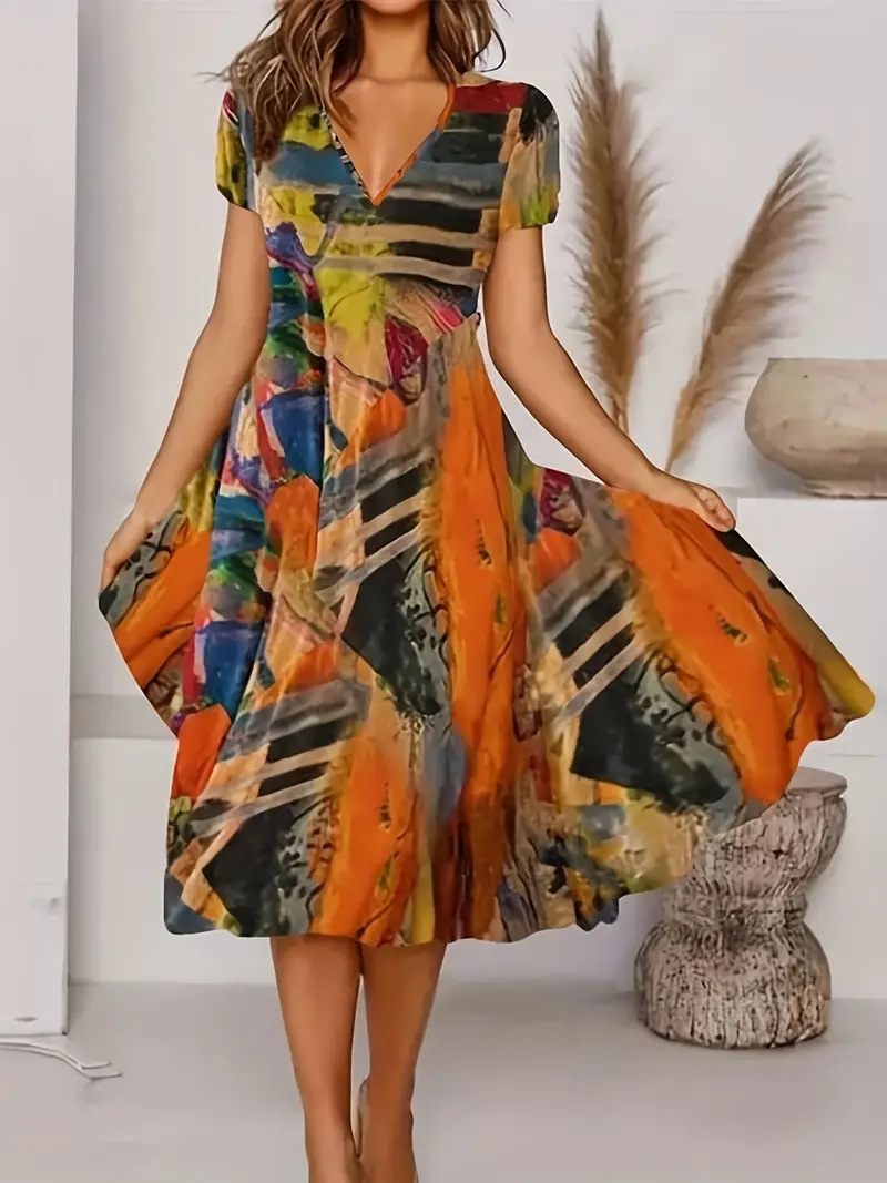 Digital Print V-Neck Midi Dress