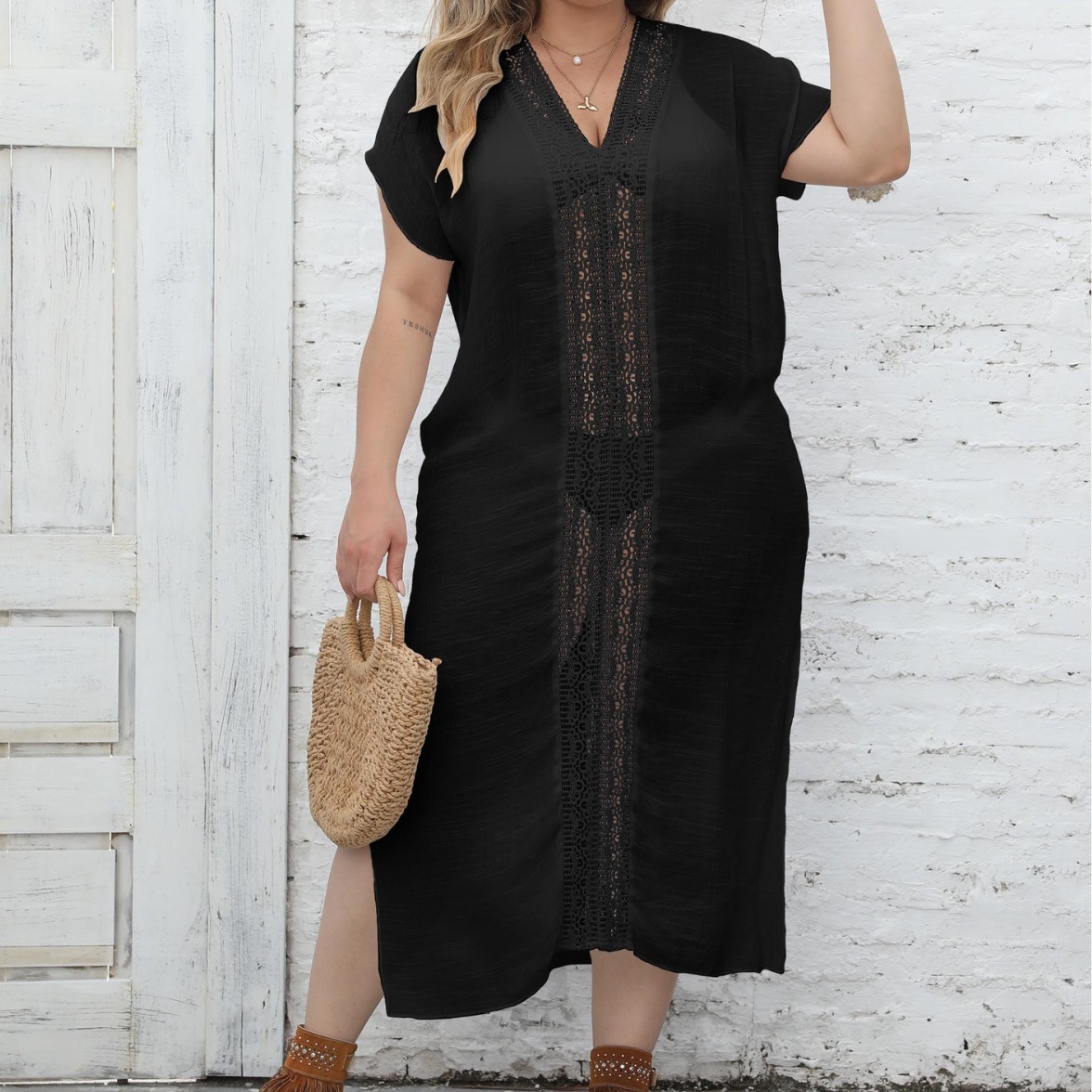 Women's Lace Panel V-Neck Slit Beach Dress Cover-Up