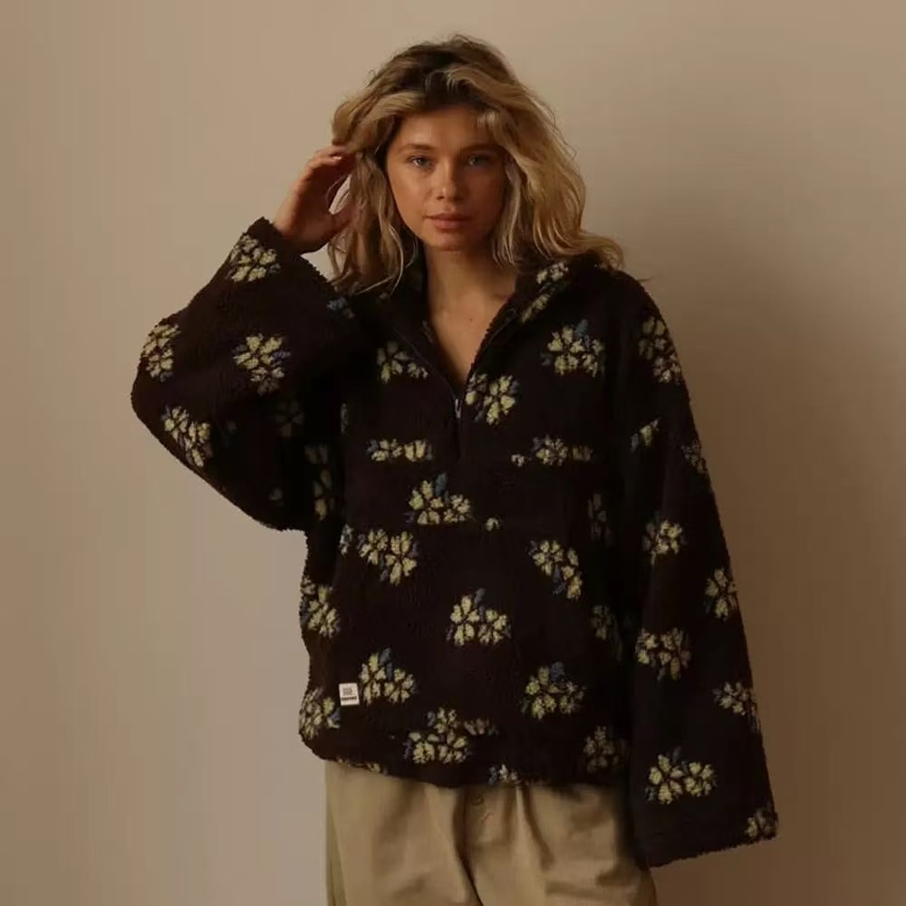 Women's Faux Shearling Floral Print Loose Zip Hoodie Long Sleeve Top