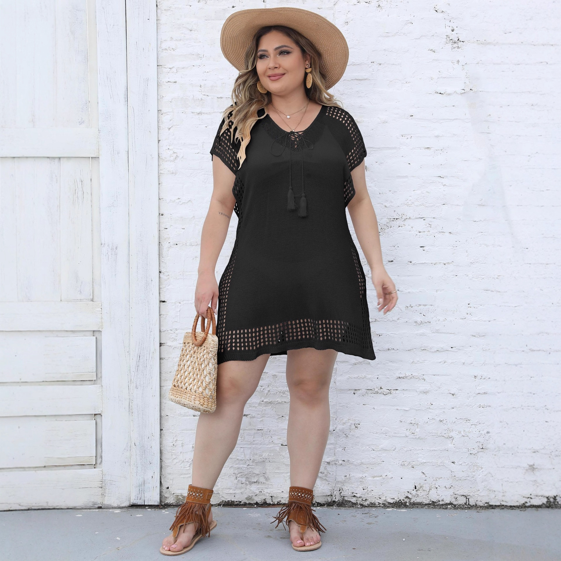 Women's Deep V-Neck Tie Knit Dress Beach Bikini Cover-Up