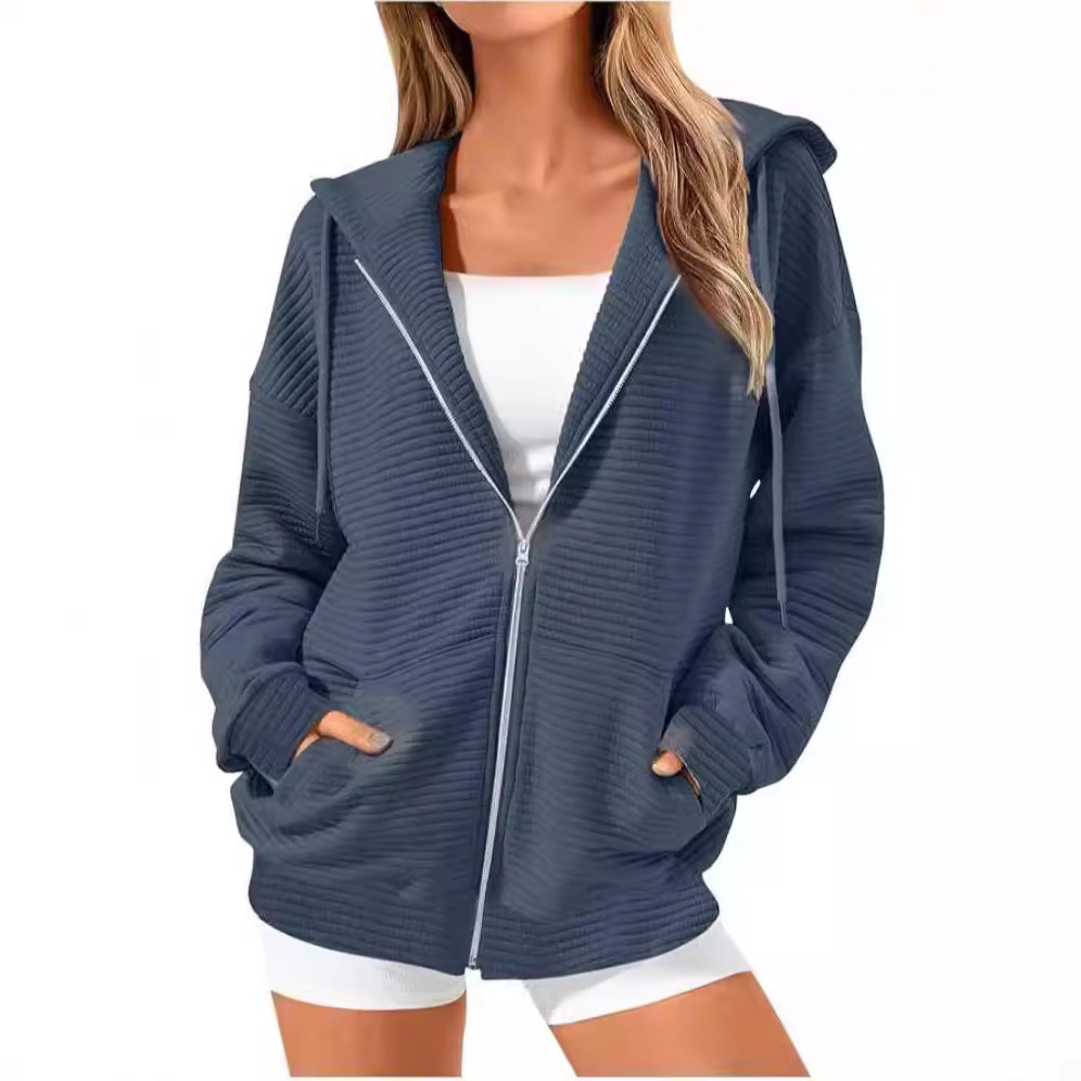 Long Sleeve Solid Color Zip-Up Hoodie with Pockets