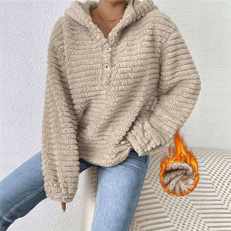 Women's Loose Plush Hooded Pullover Sweatshirt Button Front