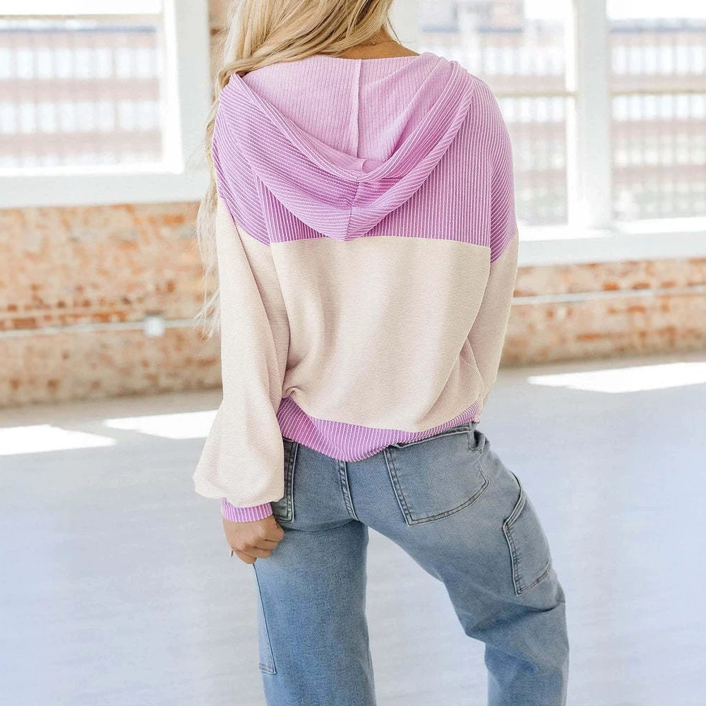Women's Color-Block Henley Hooded Pullover Sweatshirt