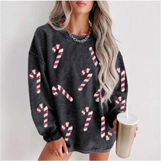 Women's Christmas Candy Cane Print Crewneck Sweatshirt