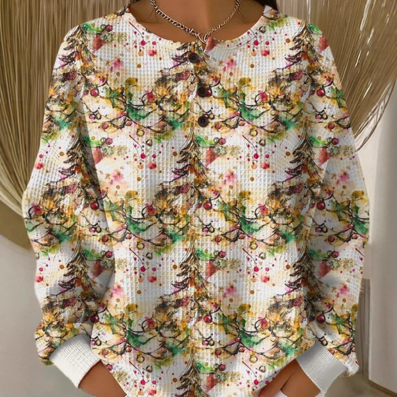 Women's Christmas Floral Print Button Sweatshirt