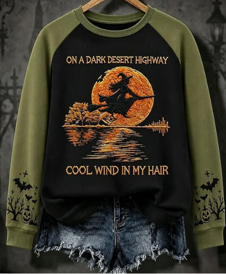 Halloween Witch Print Crewneck Long-Sleeve Pullover Sweatshirt