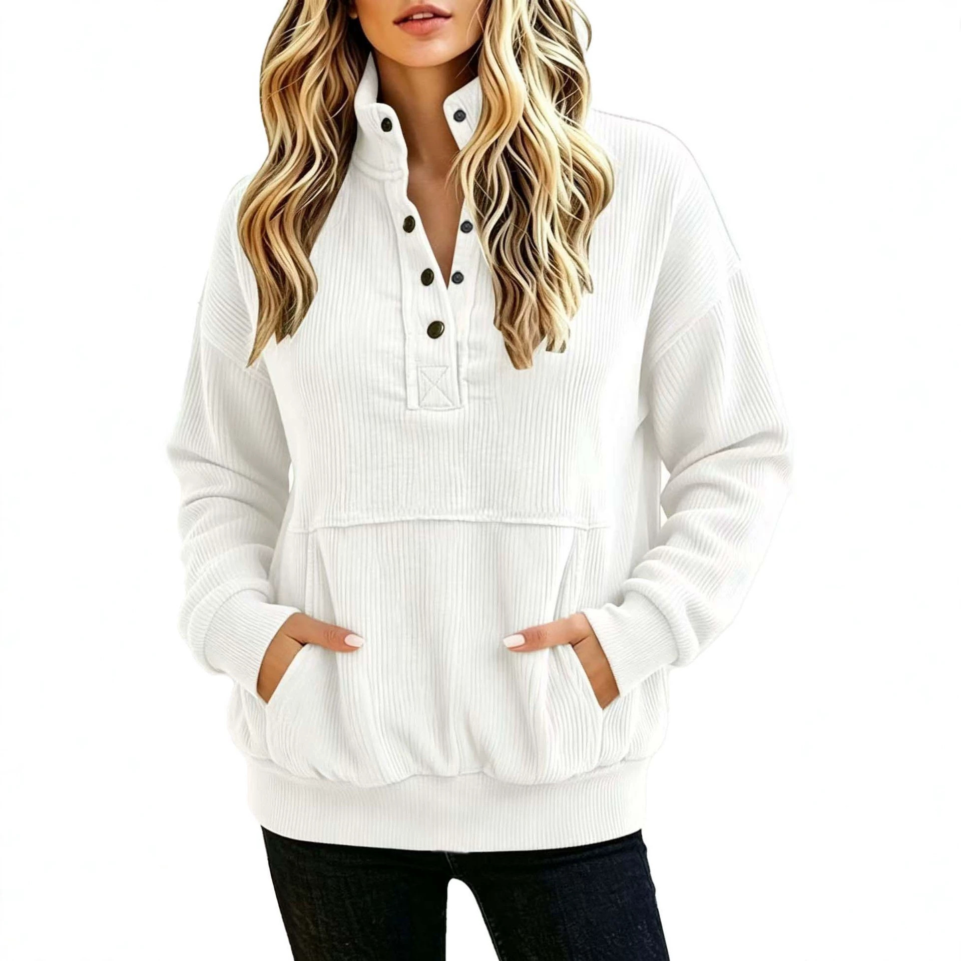 Solid Color Button-Front Long-Sleeve Hoodie with Pockets