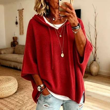 Women's Hooded Drawstring Knit Sweater Pullover
