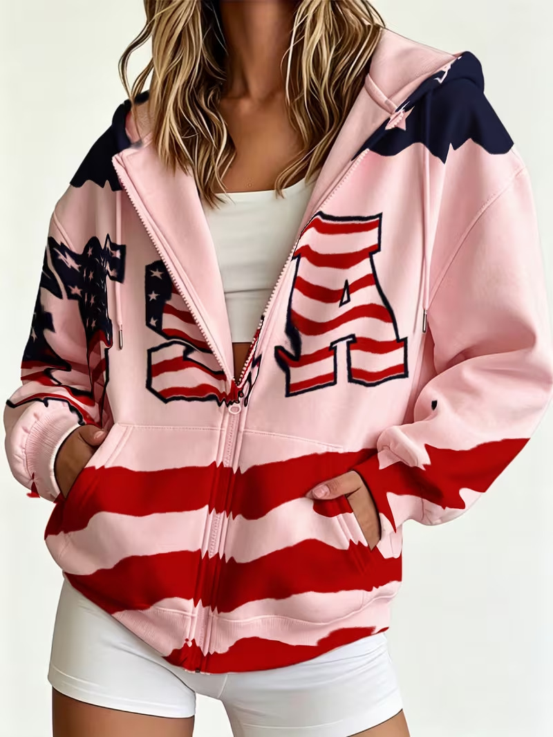 Women's Colorblock USA Flag Striped Zip-Up Hoodie