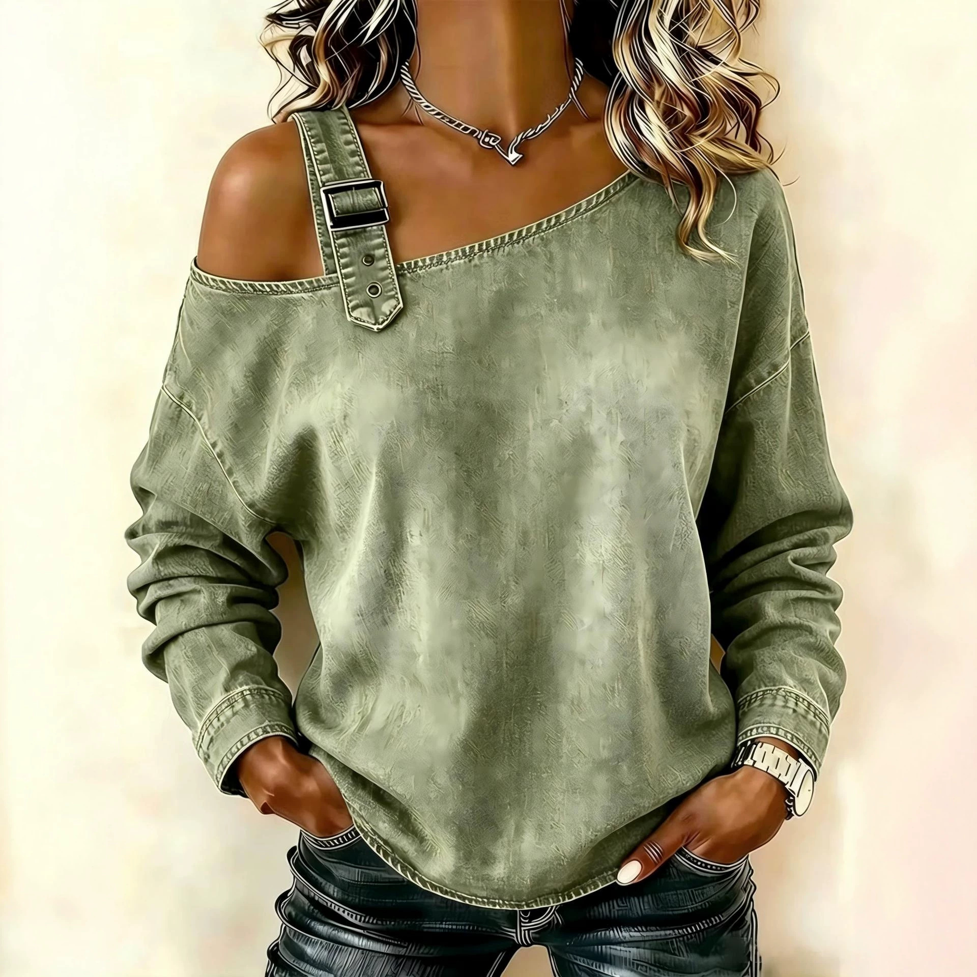 Gradient Wash Digital Print Crewneck Long-Sleeve Pullover Sweatshirt