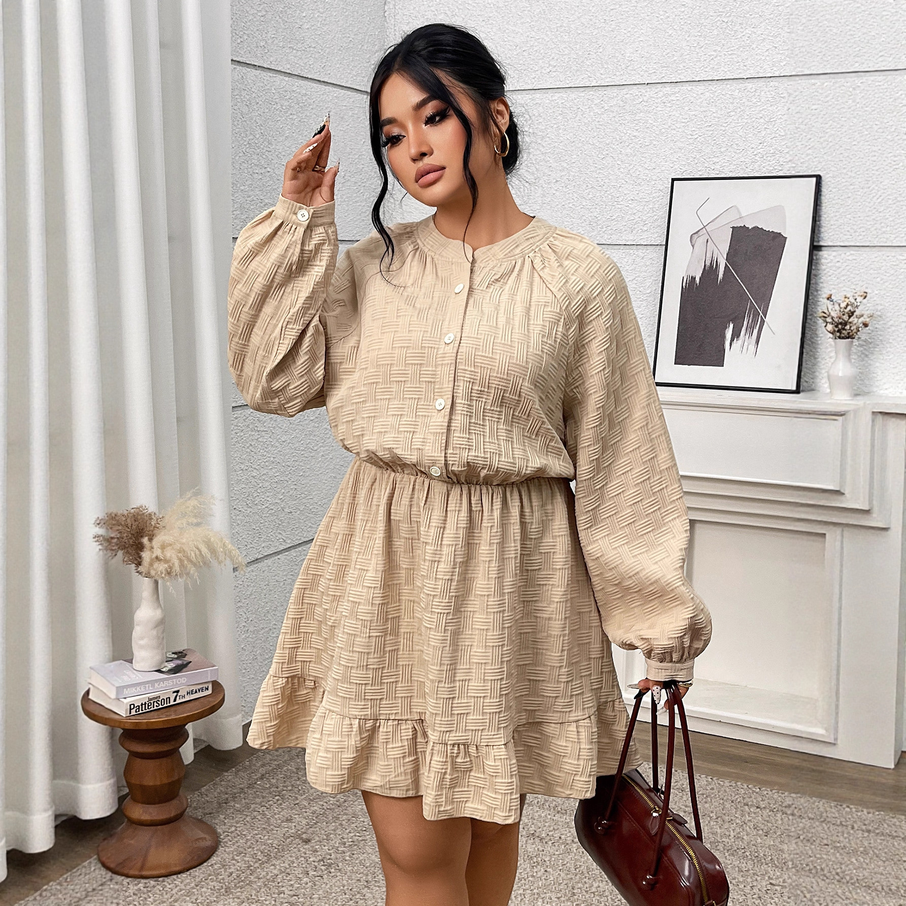 French Vintage Jacquard Dress with Bubble Sleeves and A-Line Silhouette