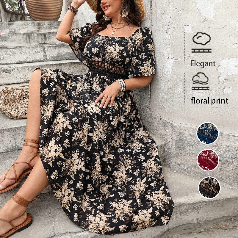 Custom Vintage Square Neck Floral Print Short Sleeve Dress