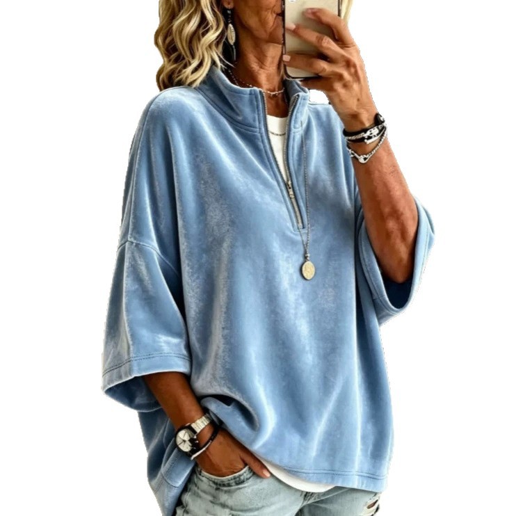 Women's Loose Half-Zip Suede-Feel 3/4 Sleeve Sweatshirt Solid Color Casual Top