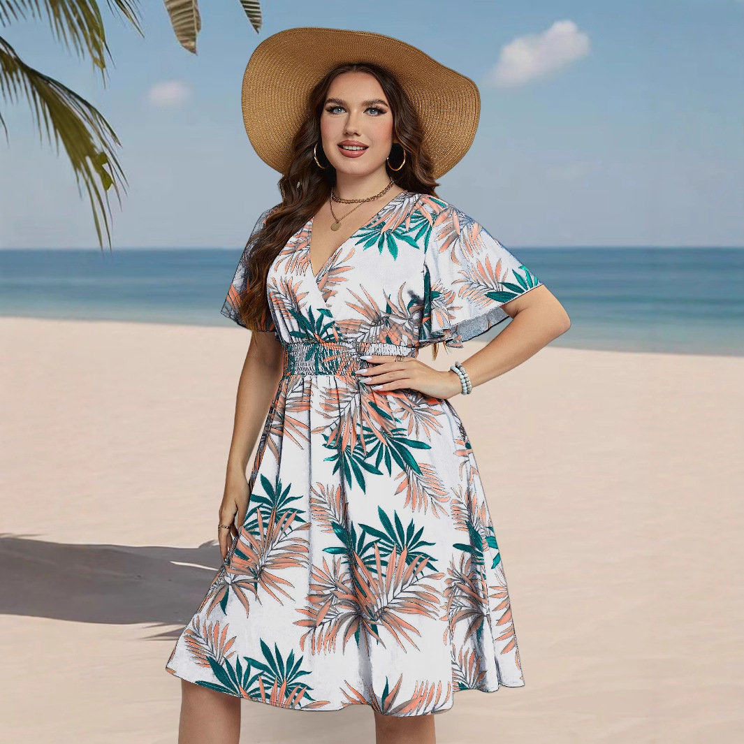 Women's Summer Deep V-Neck Smocked Waist A-Line Midi Dress