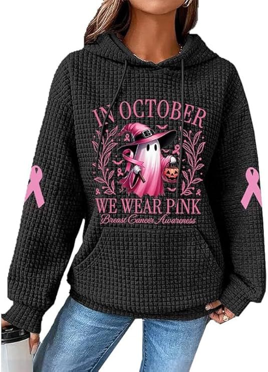 Women's Waffle Knit Hoodie with Cute Cartoon Ghost Print