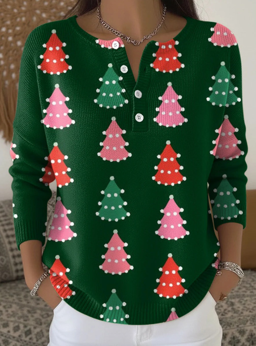 Women's Christmas Tree Snowman Scarf Print Button Sweatshirt