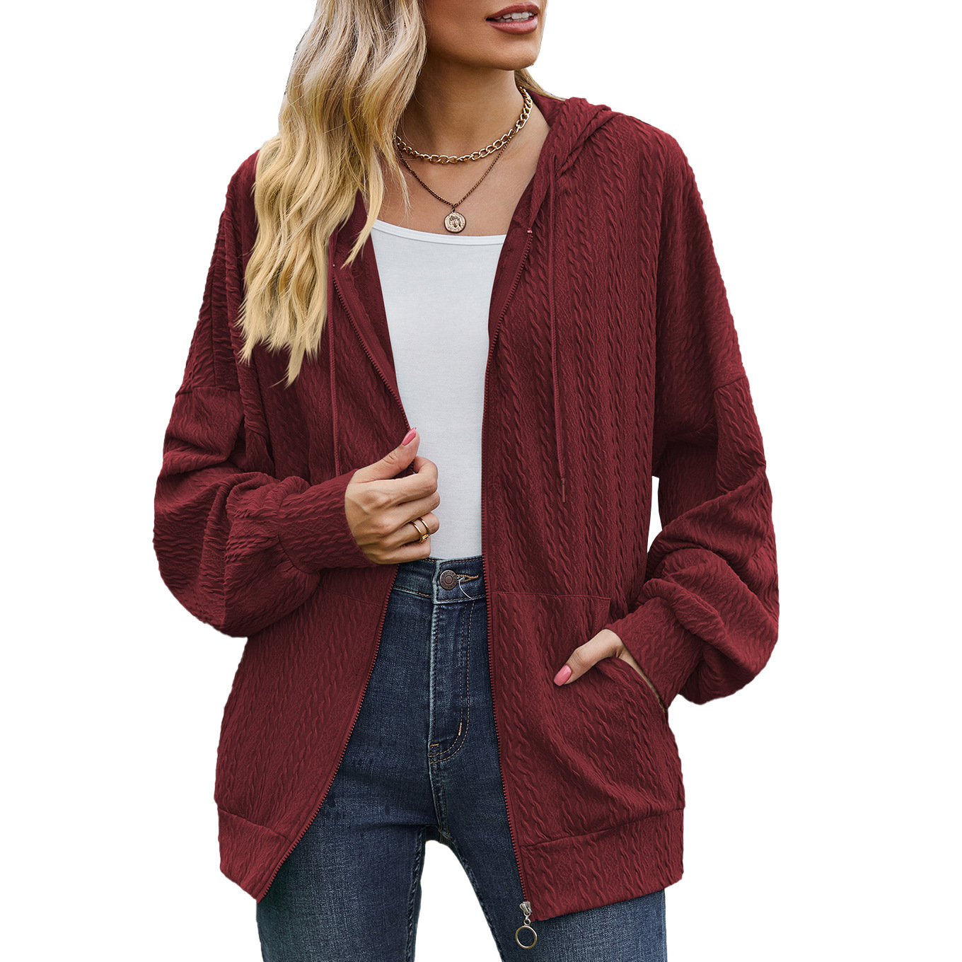 Women's Crinkled Textured Hooded Zip-Up Loose Fit Long Sleeve Cardigan Sweatshirt