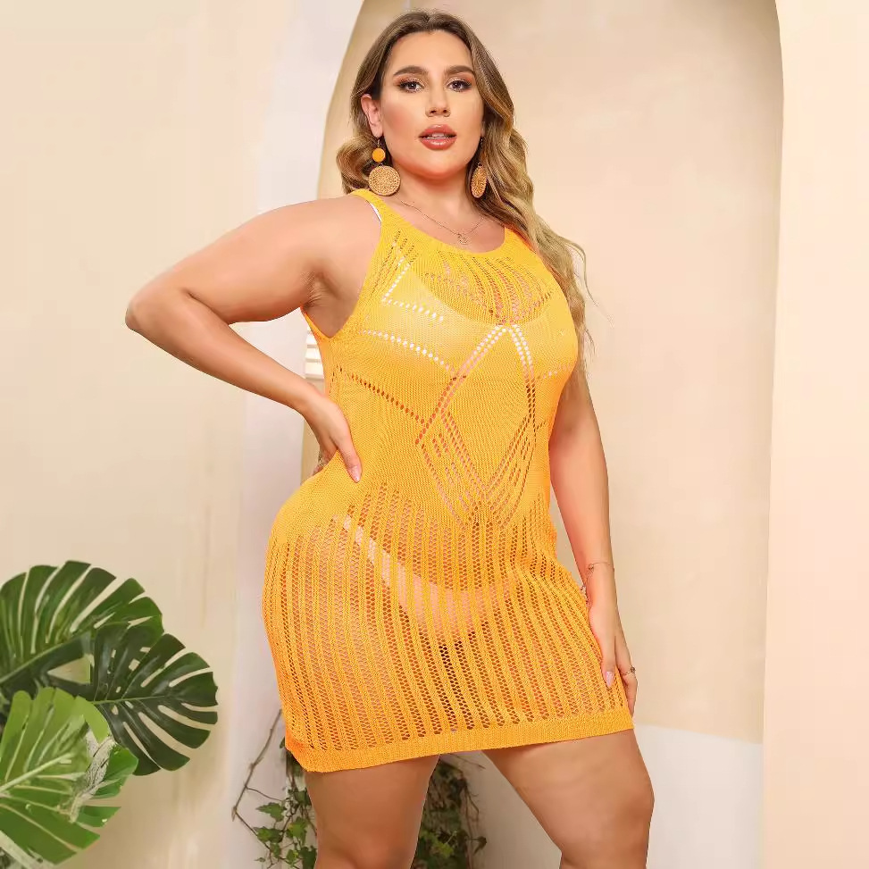 Women's Hollow-Out Knit Beach Cover-Up Dress Sleeveless Round Neck Short