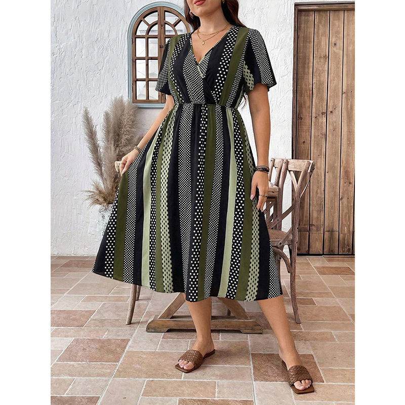 Retro Green Black Striped Polka Dot V-Neck Dress High Waist Slimming Midi A-Line