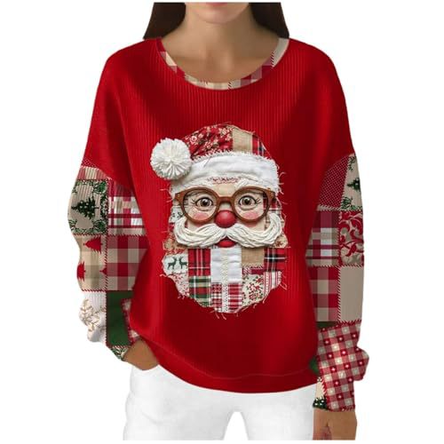 Women's Christmas Santa Plaid Print Sweatshirt with Cartoon Glasses
