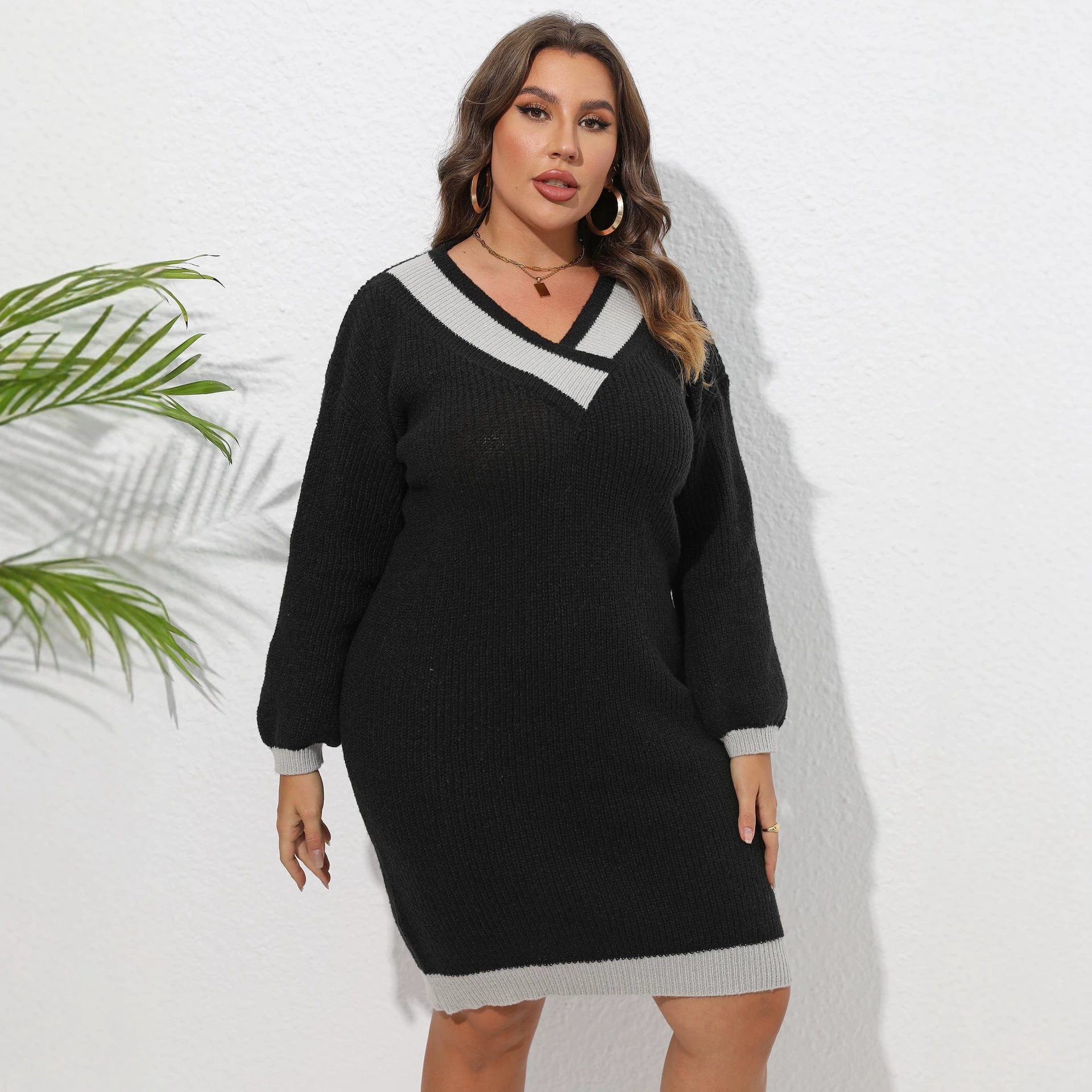 Color-Block Knit Dress V-Neck Loose Bodycon Sweater Dress