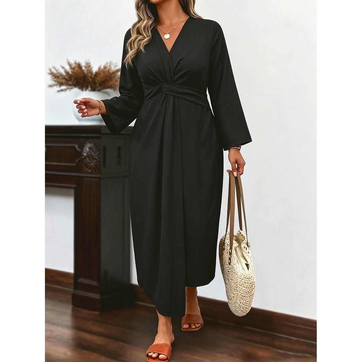 Women's V-Neck Twist Waist Long Dress with Bell Sleeves