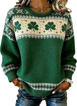 Women's Clover Print Crewneck Sweatshirt Casual Pullover