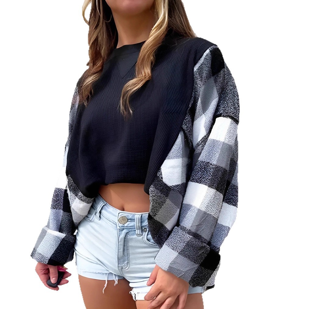 Women's Loose Crewneck Long-Sleeve Colorblock Plaid Sweatshirt
