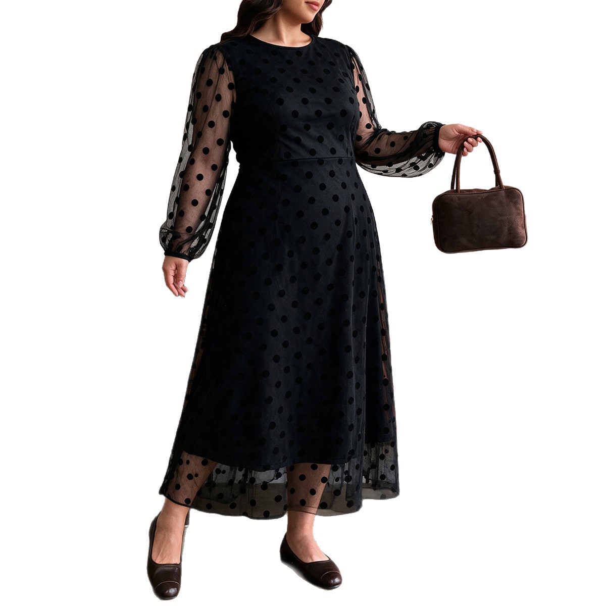 Women's Black Polka Dot Mesh Long Sleeve Dress with Sheer Puff Sleeves and Round Neck