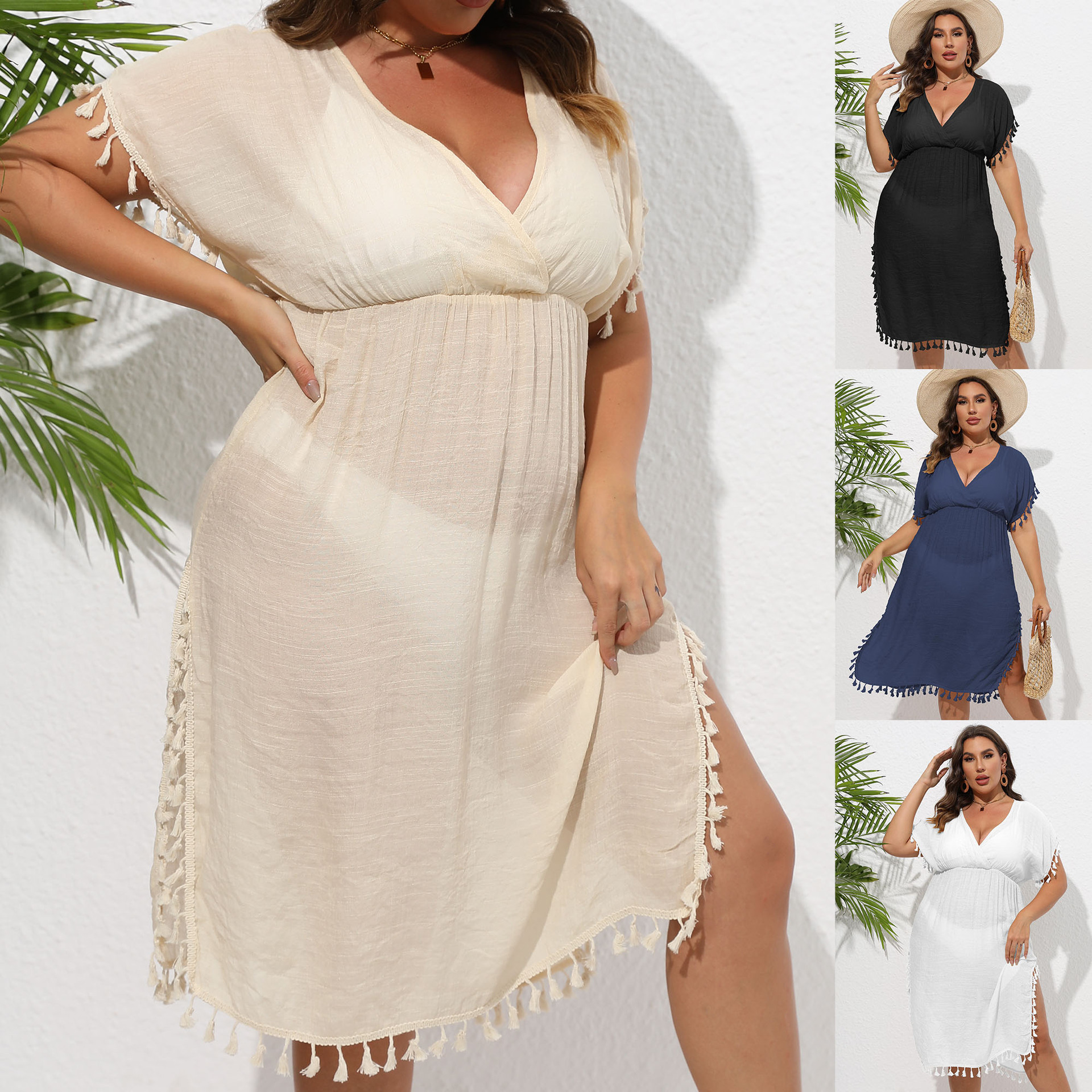 Women's Tassel Fringe Deep V-Neck Waist-Cinching Beach Cover-Up Dress
