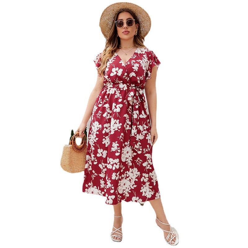 Plus Size Floral Print V-Neck Belted Midi Dress