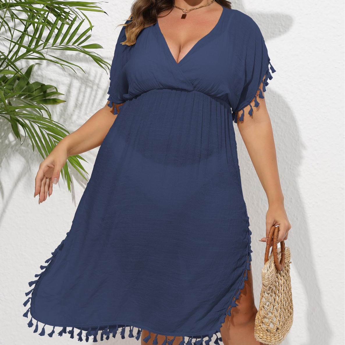 Women's Tassel Fringe Deep V-Neck Waist-Cinching Beach Cover-Up Dress