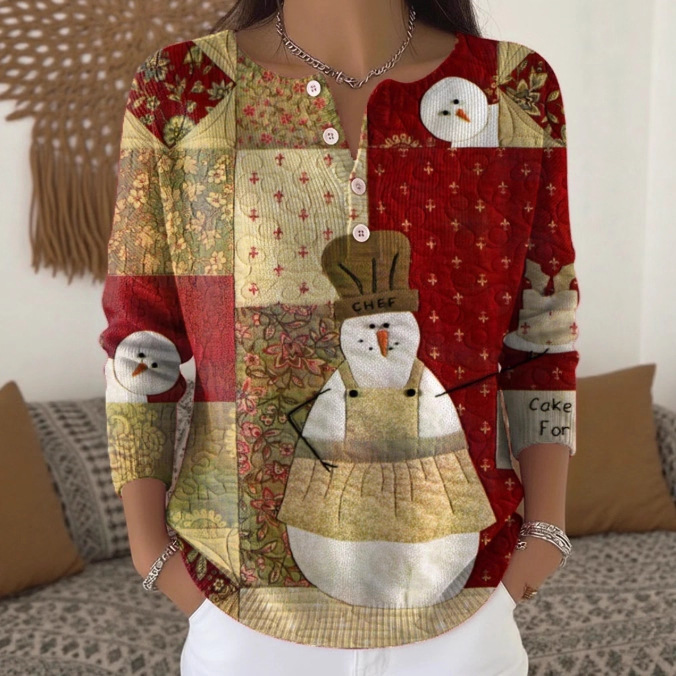Women's Christmas Tree Snowman Scarf Print Button Sweatshirt