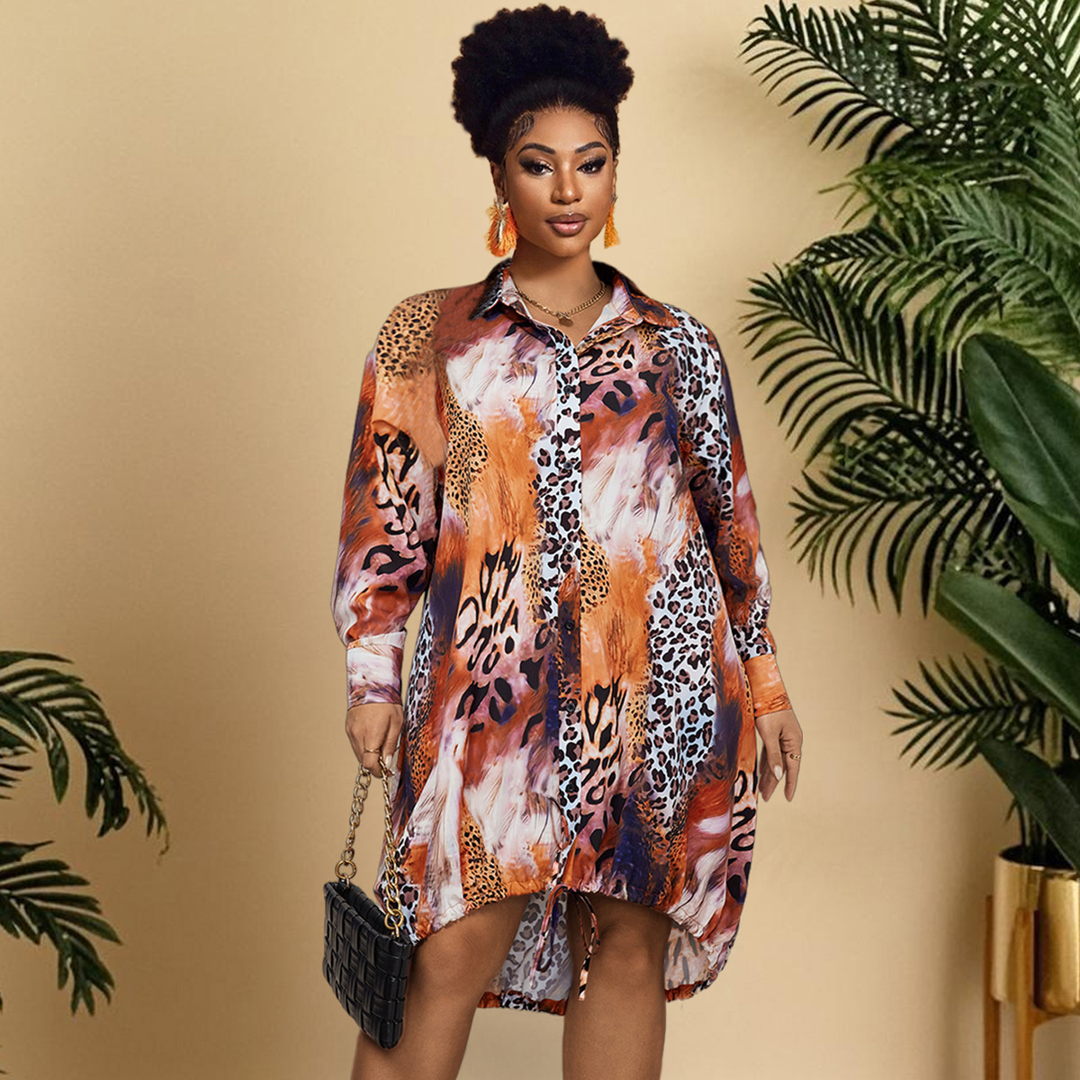 Polo Collar Leopard Print Long Sleeve Maxi Dress