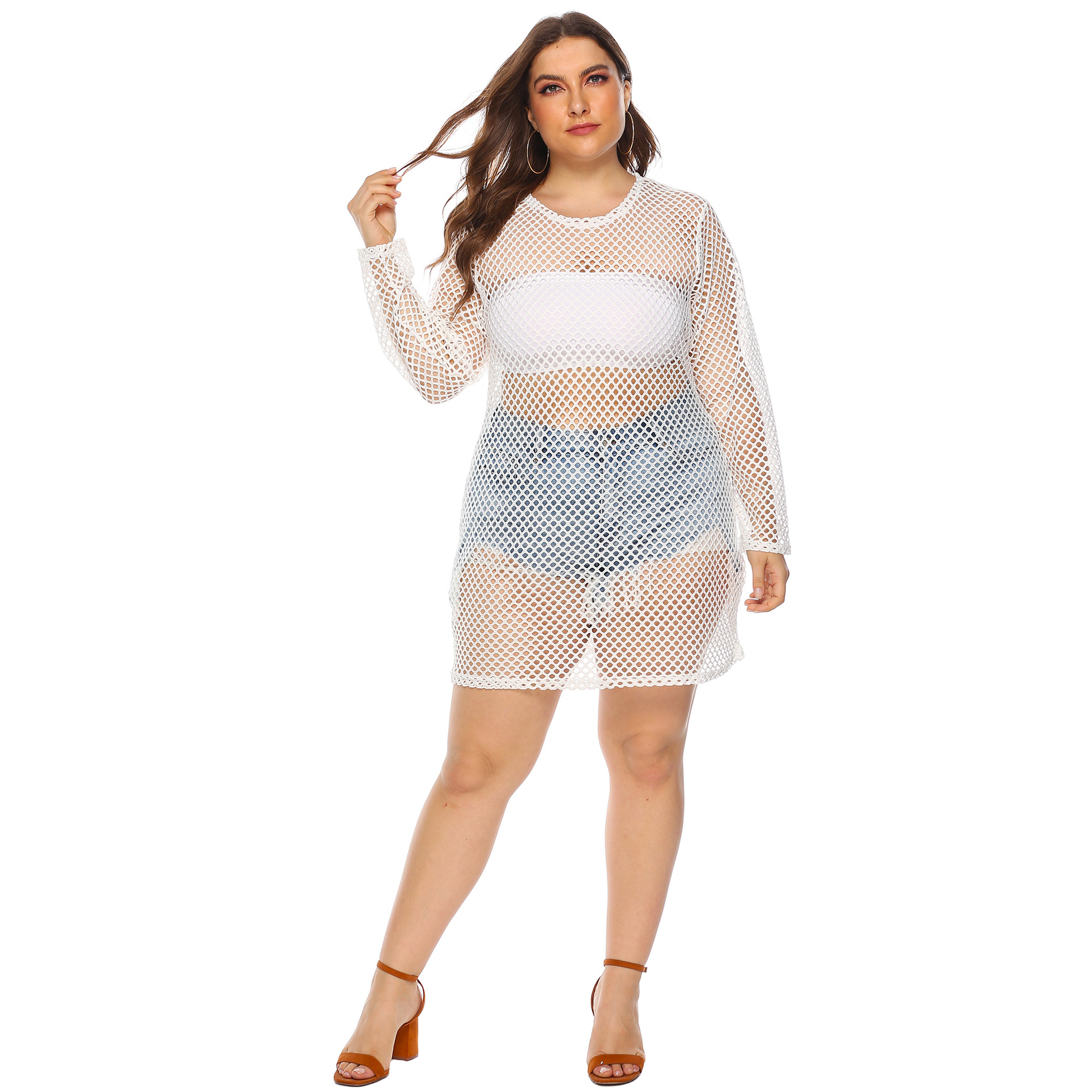 Women's Sheer Mesh Hollow-Out Beach Bikini Cover-Up Dress