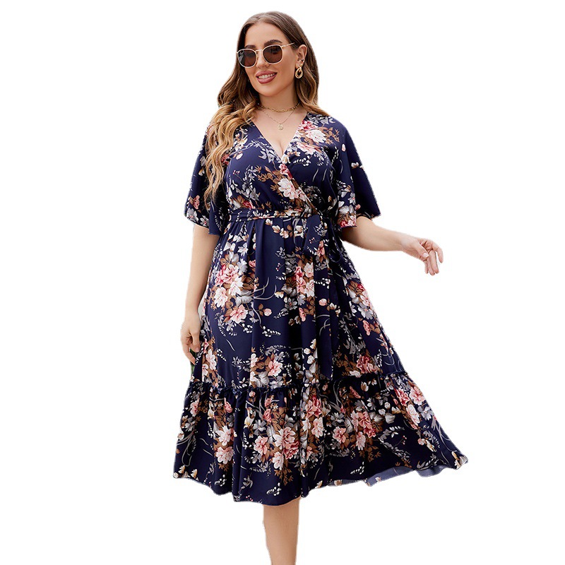 Plus Size V-Neck Navy Floral Print Midi Dress
