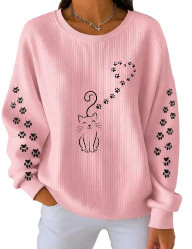 Women's Cat Tail Heart Paw Print Crewneck Sweatshirt