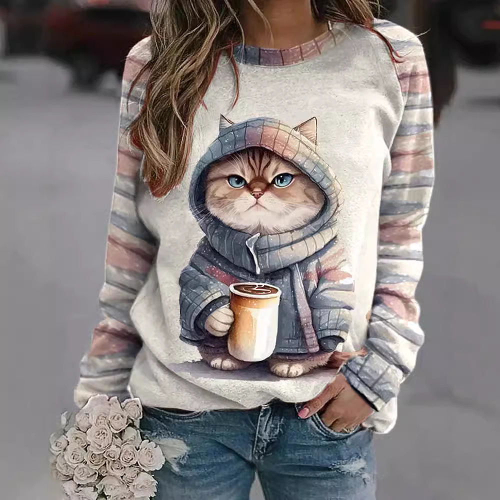 3D Digital Print Raglan Sleeve Crewneck Long Sleeve Sweatshirt for Women