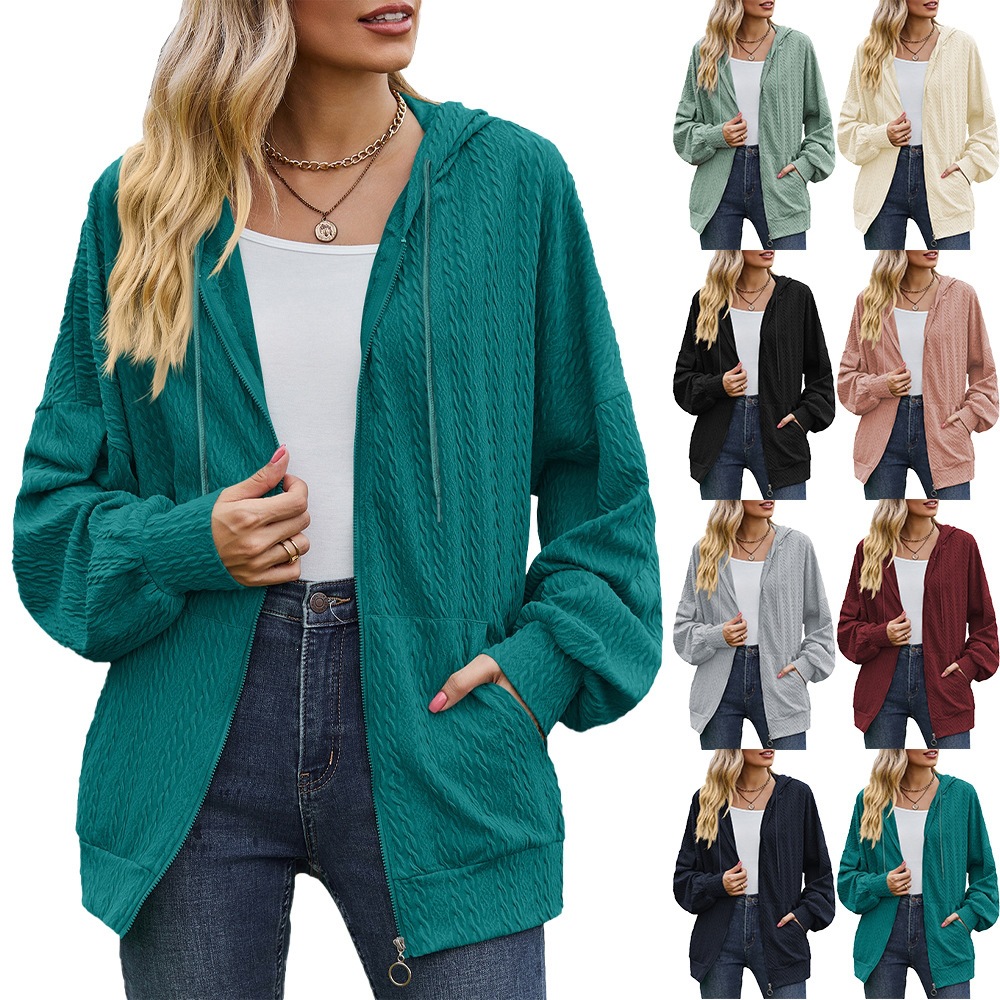 Women's Crinkled Textured Hooded Zip-Up Loose Fit Long Sleeve Cardigan Sweatshirt
