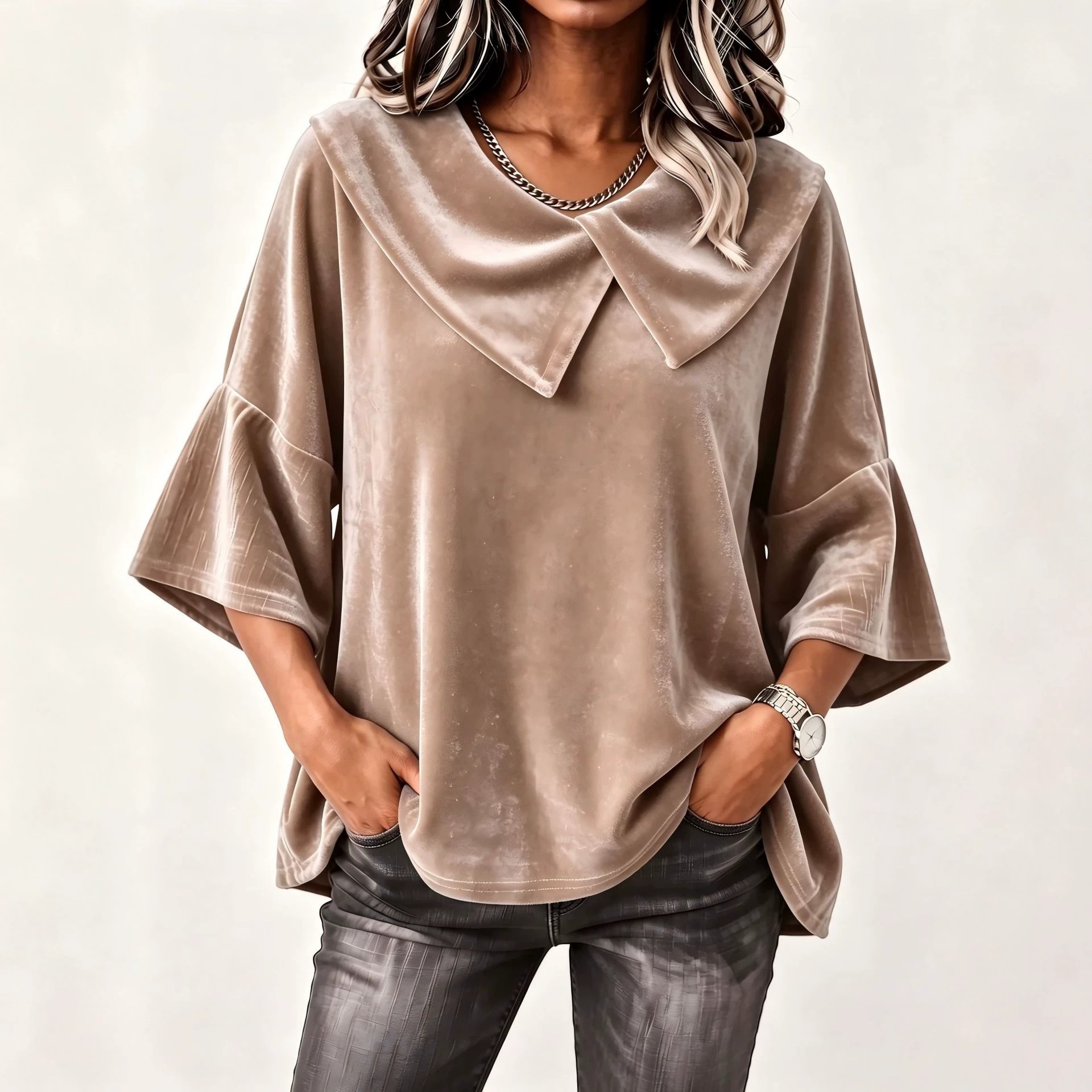 Retro Asymmetric Patchwork Big Lapel Bell Sleeve Loose Velvet Top