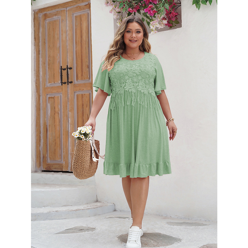 Bohemian Tassel Chiffon Maxi Dress with Round Neck and Flared Sleeves