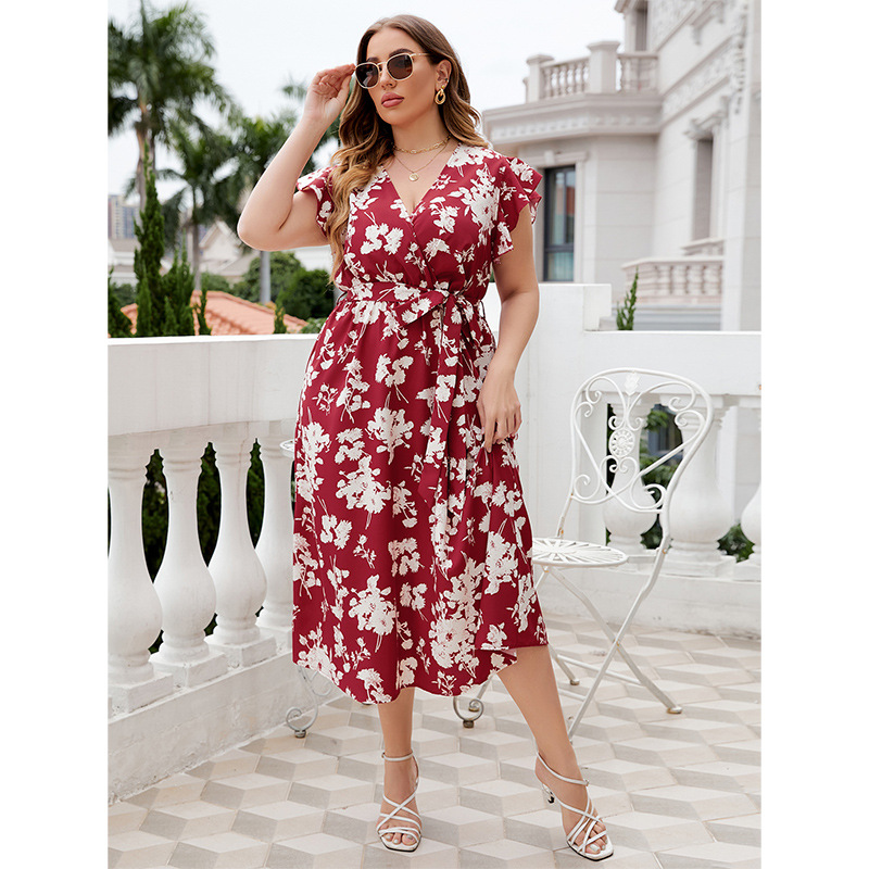 Plus Size Floral Print V-Neck Belted Midi Dress